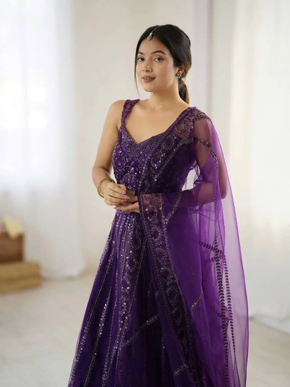 Dark Purple Net Lehenga Choli With Sequins & Dori Work - qivii