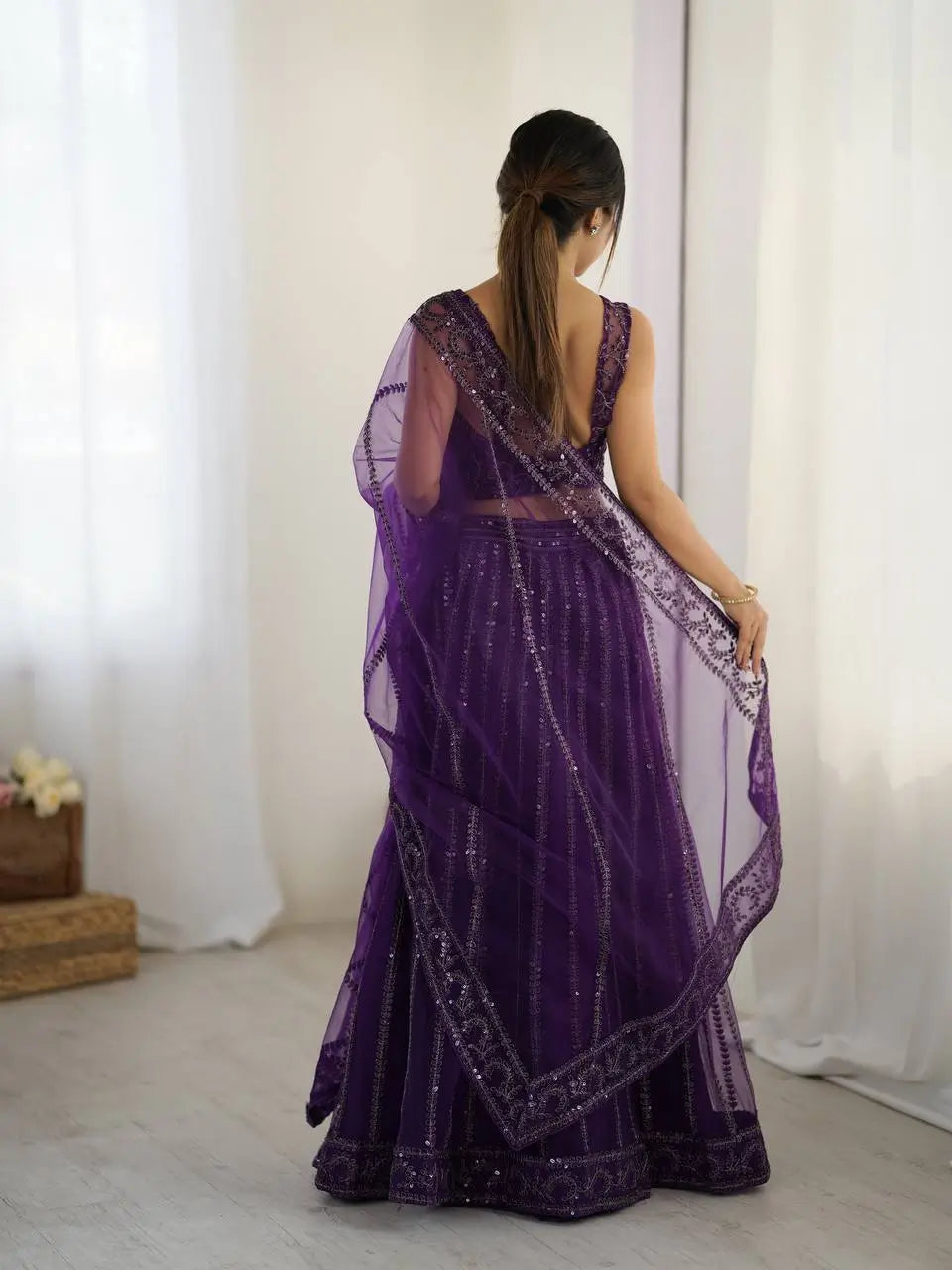 Dark Purple Net Lehenga Choli With Sequins & Dori Work - qivii