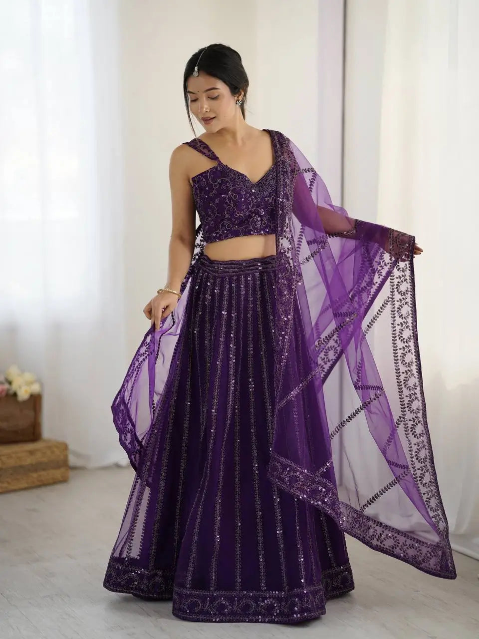 Dark Purple Net Lehenga Choli With Sequins & Dori Work - qivii