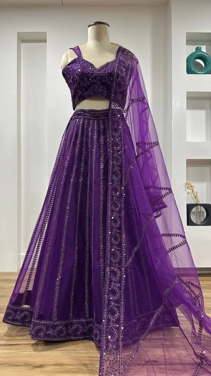 Dark Purple Net Lehenga Choli With Sequins & Dori Work - qivii