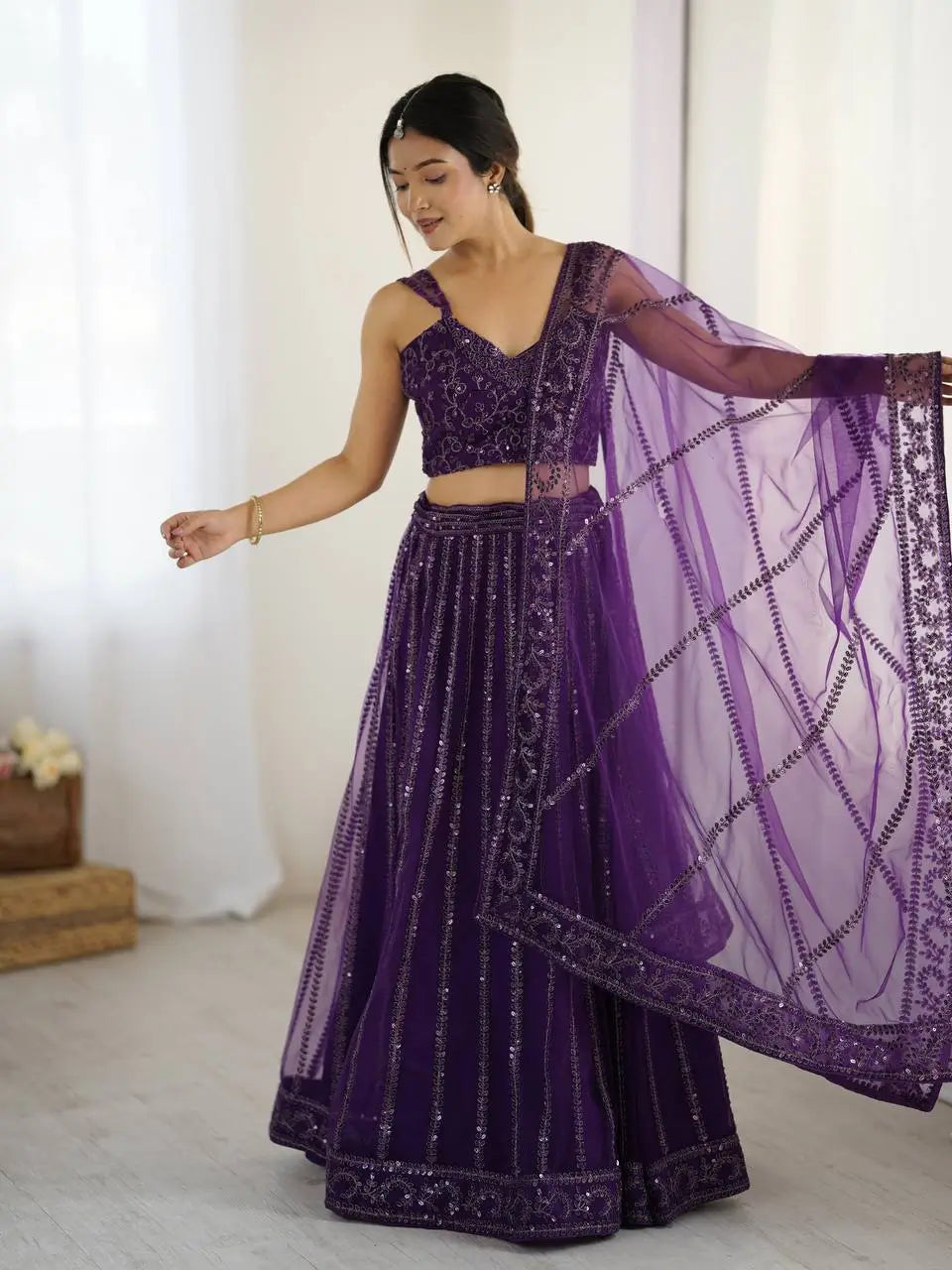 Dark Purple Net Lehenga Choli With Sequins & Dori Work - qivii