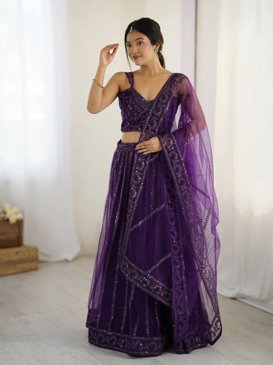 Dark Purple Net Lehenga Choli With Sequins & Dori Work - qivii