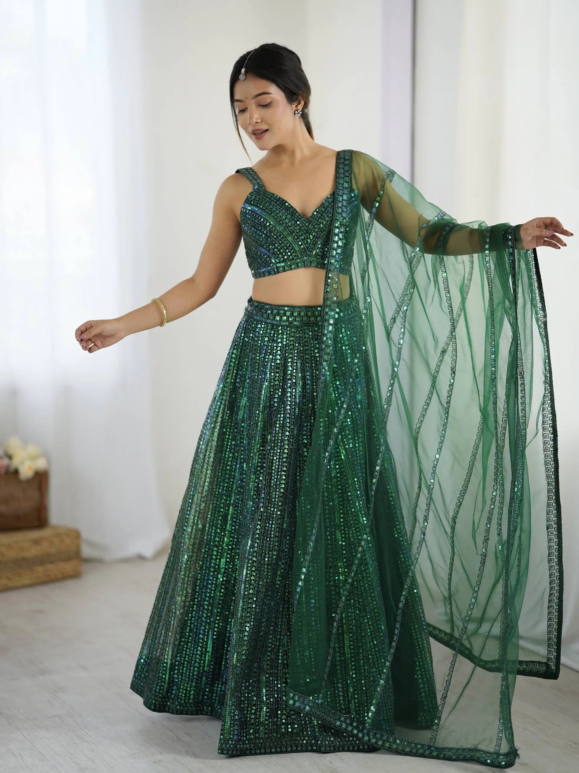 Sparkly Green Net Lehenga Choli With Sequins & Dori Work - qivii