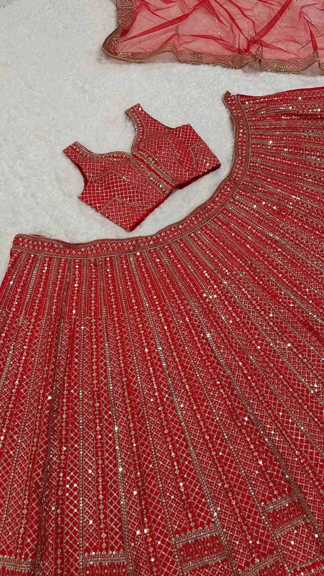 Crimson Red Satin Silk Embroidery Lehenga Choli