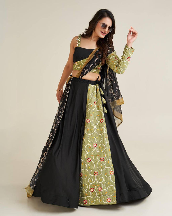 Black Color Polly reyon lehnga with thread & sequence work on Banglori satin fabric pattern