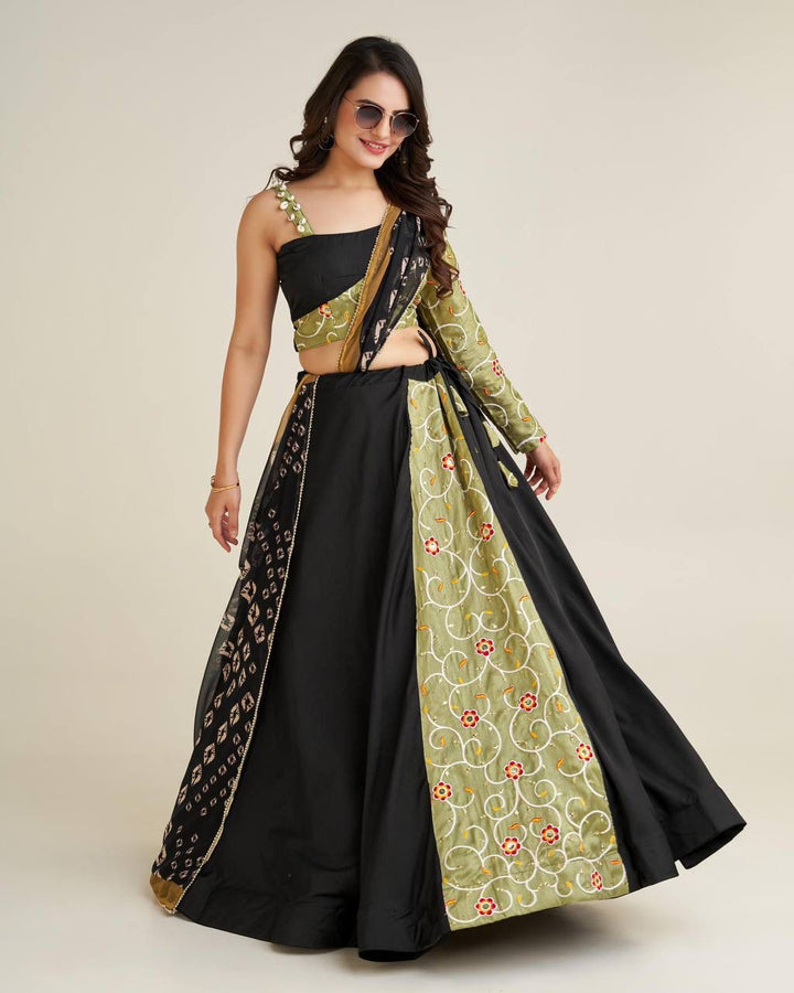 Black Color Polly reyon lehnga with thread & sequence work on Banglori satin fabric pattern