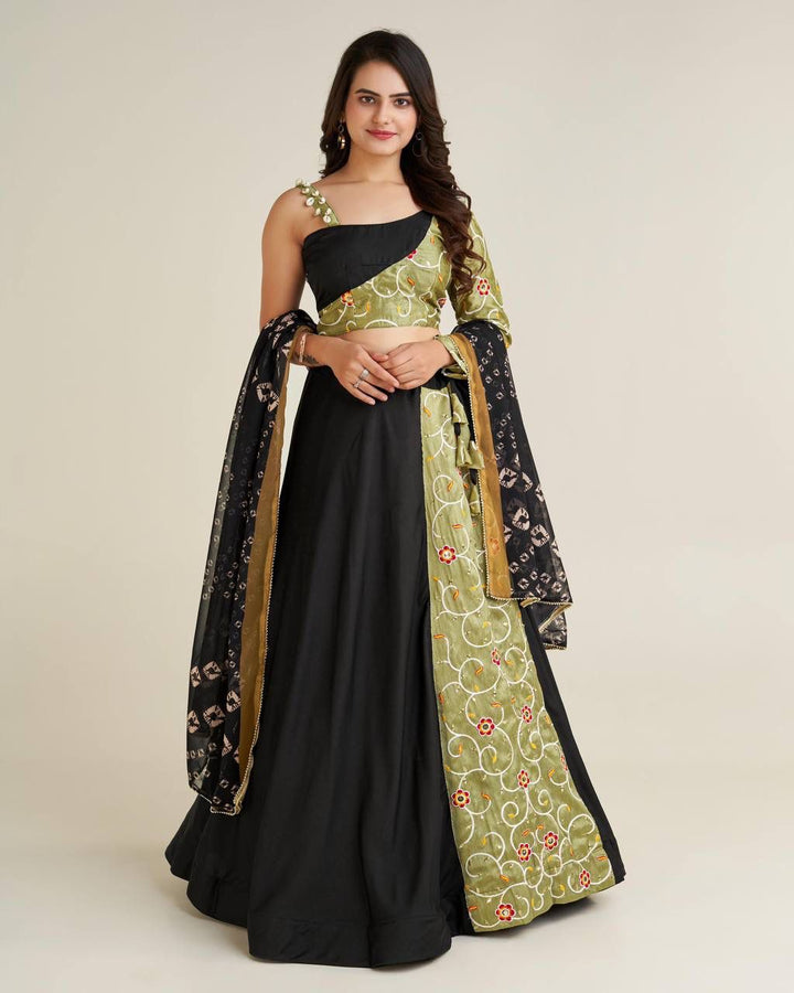 Black Color Polly reyon lehnga with thread & sequence work on Banglori satin fabric pattern