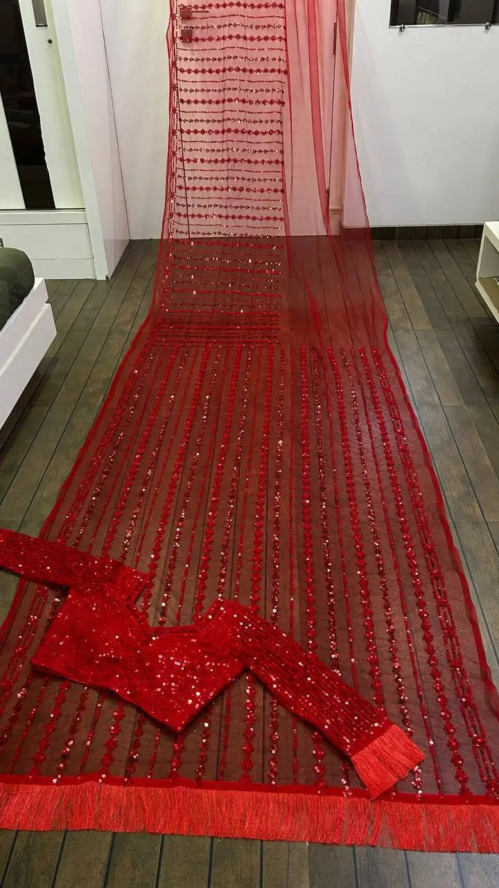 Red Net Saree With Sequins & Thread Work - qivii