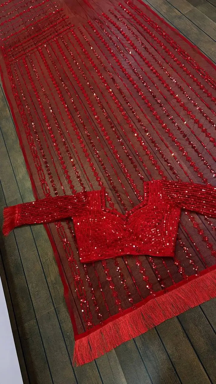 Red Net Saree With Sequins & Thread Work - qivii
