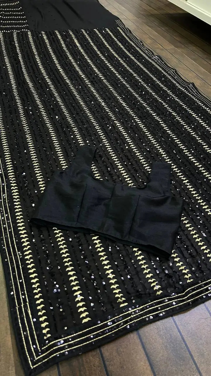 Black Georgette Saree With Sequins & Zari Work - qivii