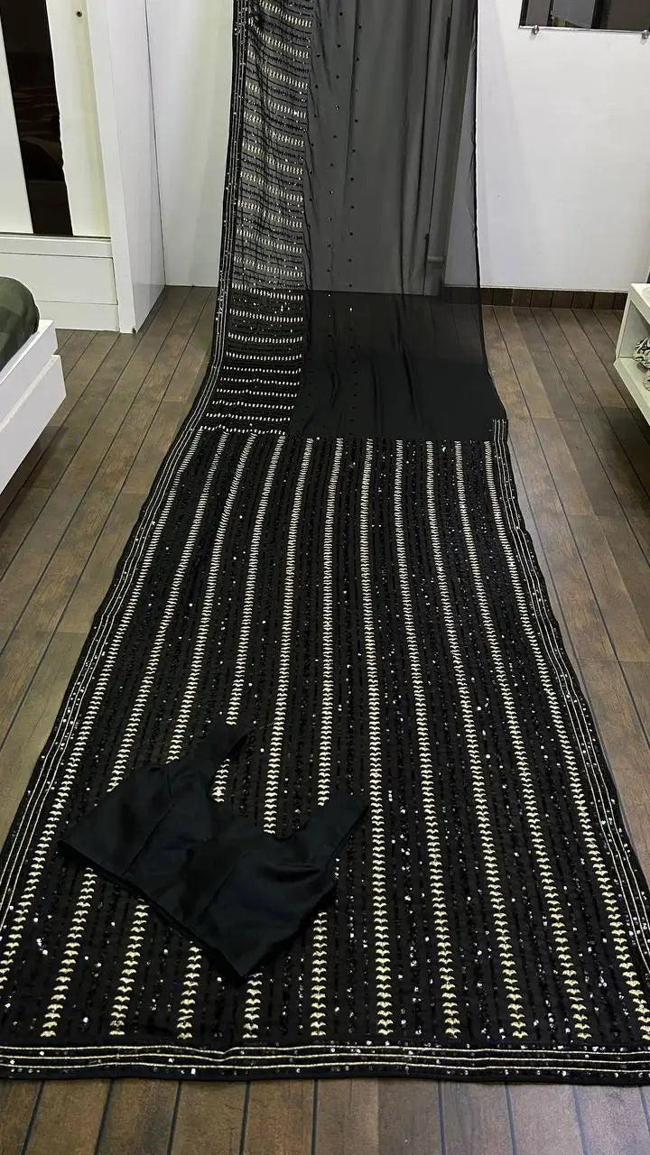 Black Georgette Saree With Sequins & Zari Work - qivii