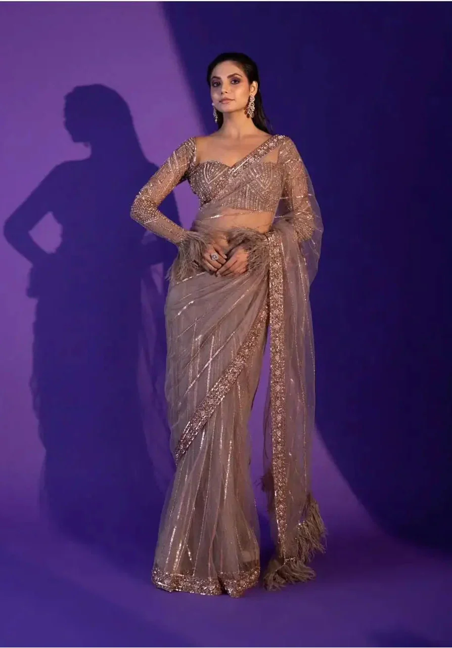 Dark Beige Net Saree With Sequins, Dori & Zari Work - qivii