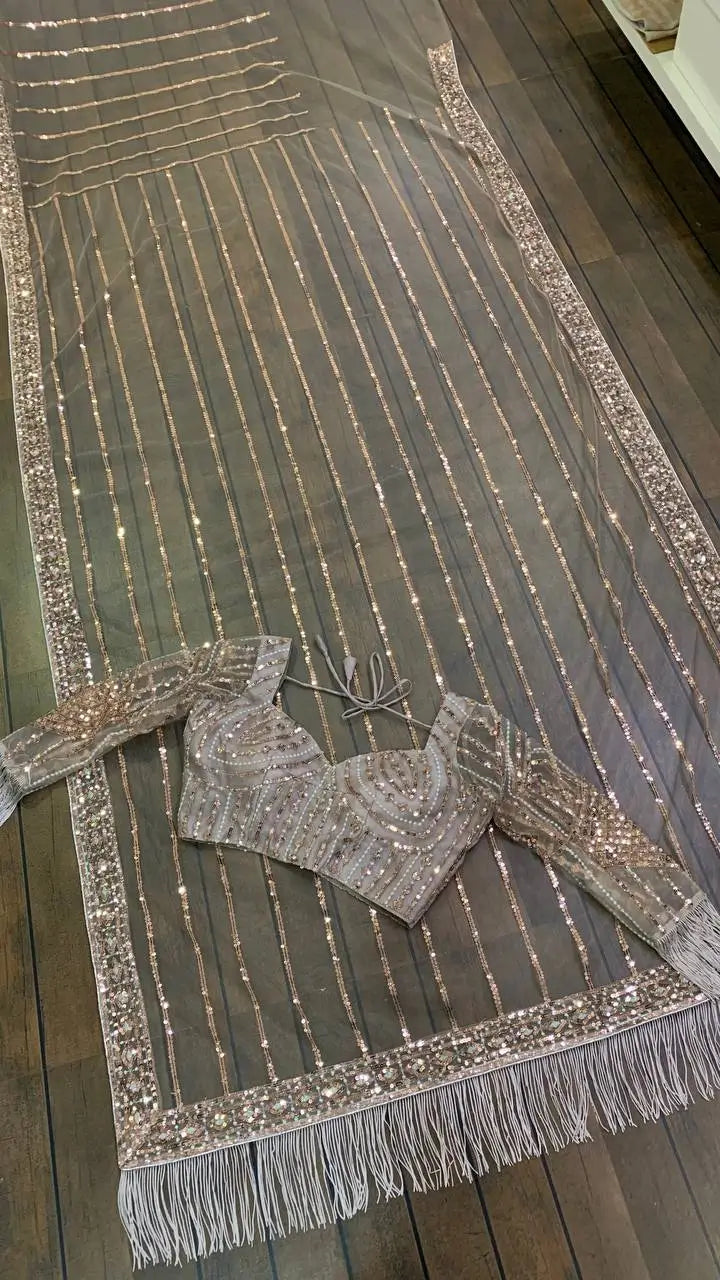 Dark Beige Net Saree With Sequins, Dori & Zari Work - qivii