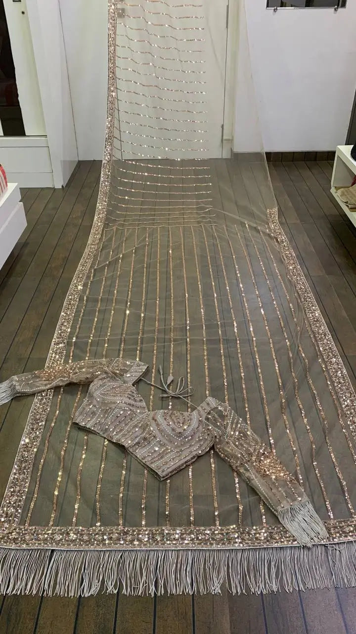Dark Beige Net Saree With Sequins, Dori & Zari Work - qivii