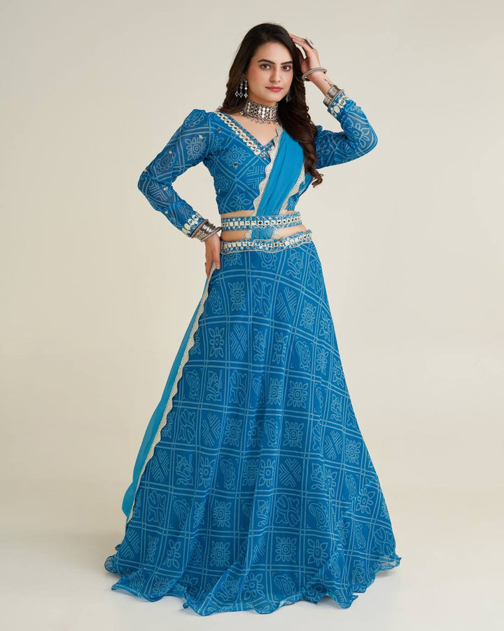 Blue Color Digital print Georgette lehnga with thread , paper mirror & sequins work on waist