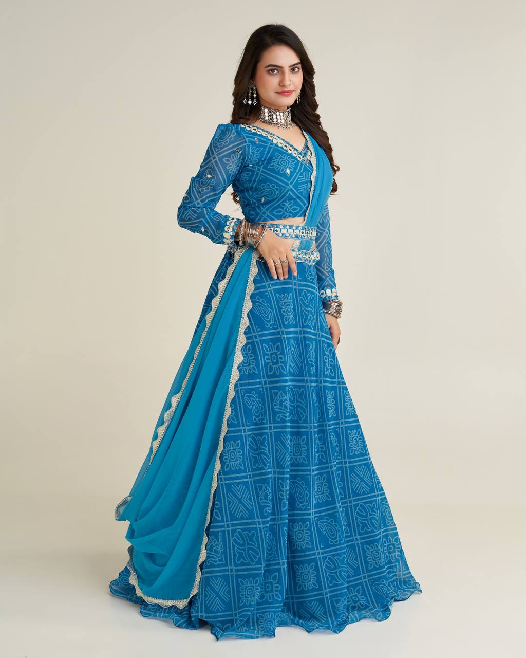 Blue Color Digital print Georgette lehnga with thread , paper mirror & sequins work on waist