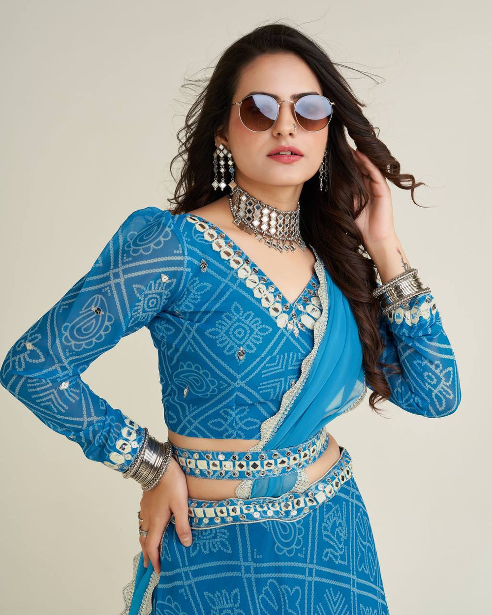 Blue Color Digital Print Georgette Lehnga with Thread, Paper Mirror & Sequins Work on Waist, perfect for festive occasions and weddings, showcasing intricate and elegant design details