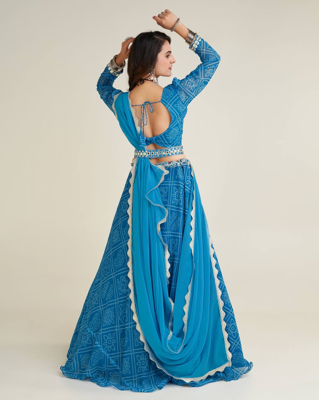 Blue Color Digital print Georgette lehnga with thread , paper mirror & sequins work on waist