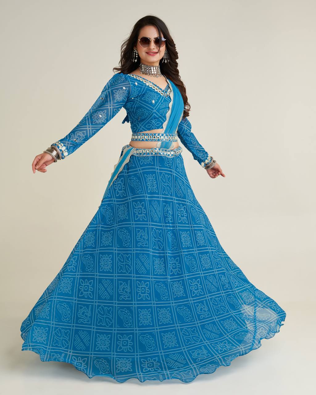 Blue Color Digital print Georgette lehnga with thread , paper mirror & sequins work on waist