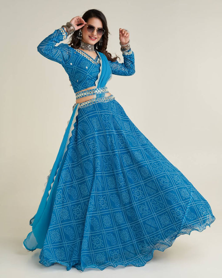 Blue Color Digital print Georgette lehnga with thread , paper mirror & sequins work on waist