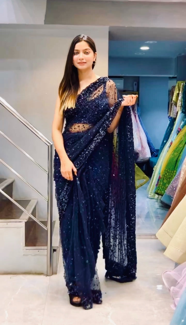 Dark Blue Net saree with hologram sequin & thread work