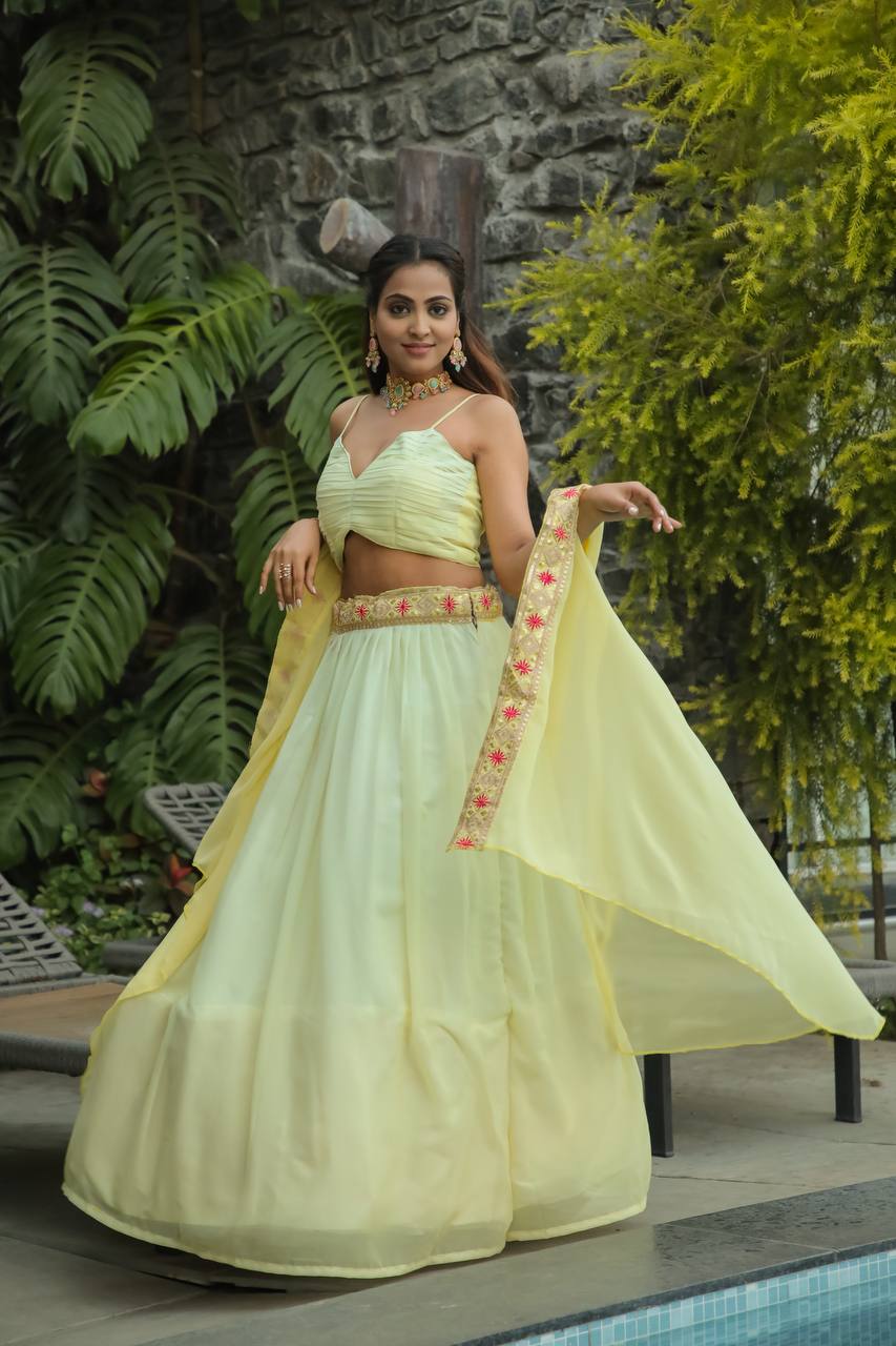 Yellow Color Georgette lehenga with thread , Dori & sequins work on waist border