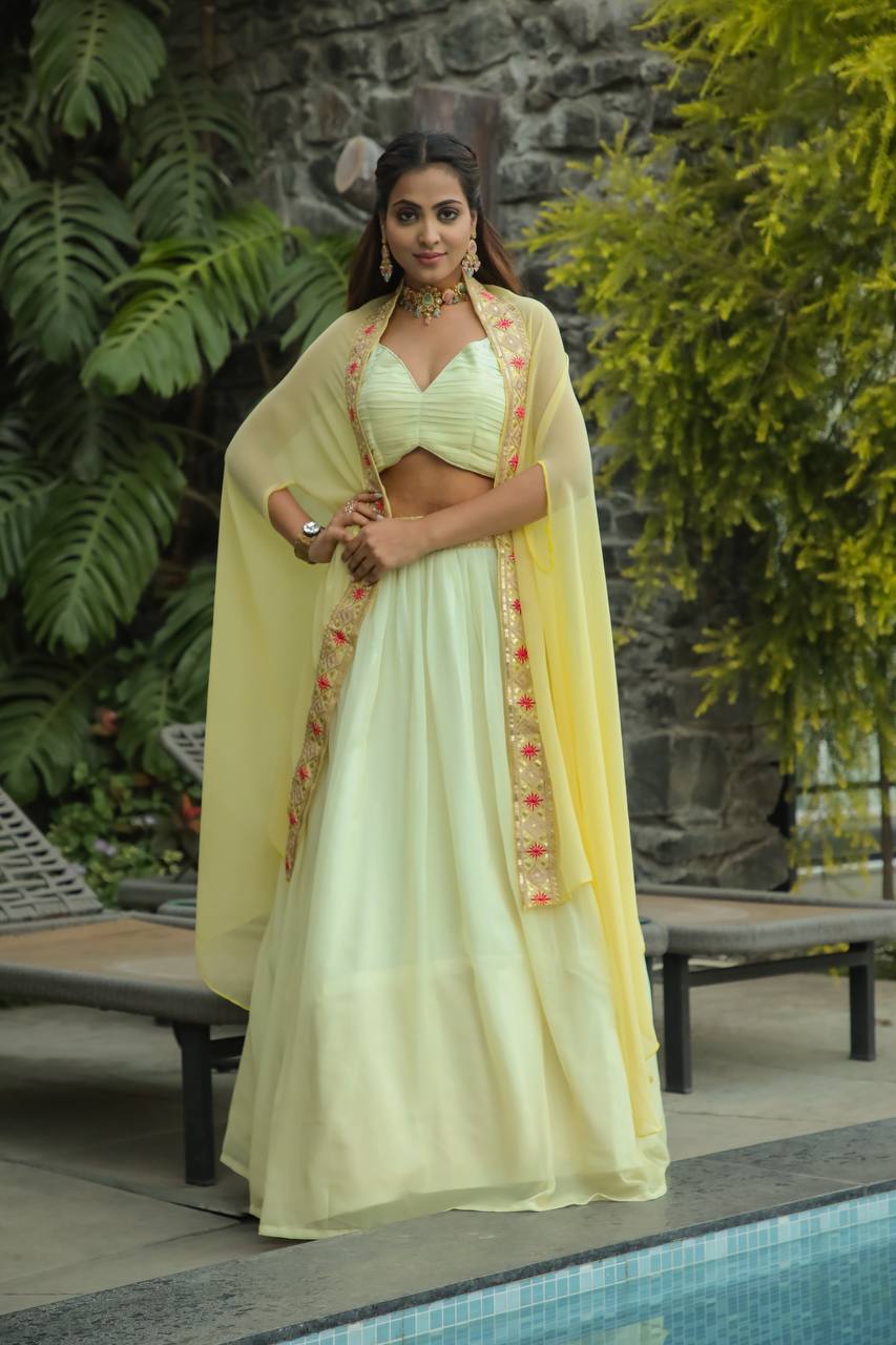 Yellow Color Georgette lehenga with thread , Dori & sequins work on waist border