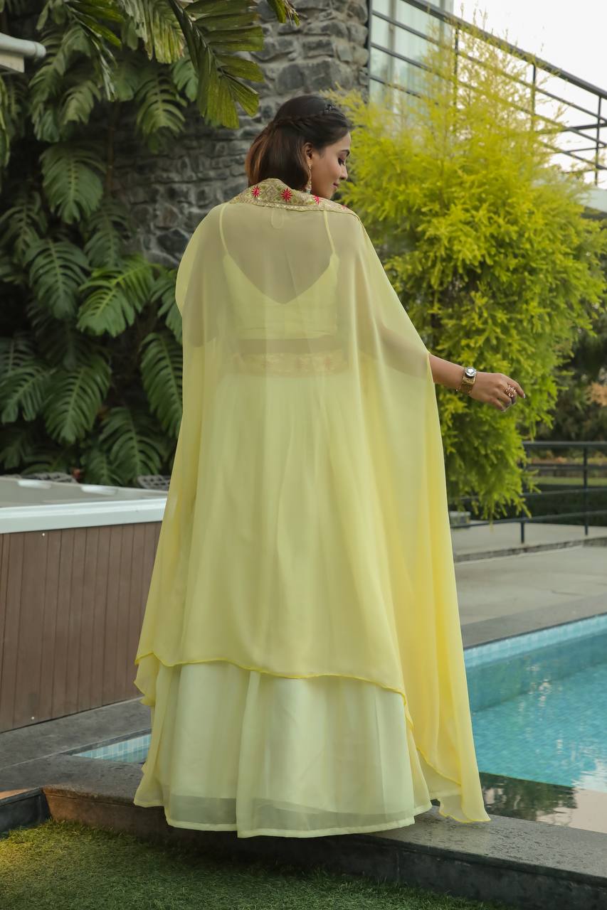 Yellow Color Georgette lehenga with thread , Dori & sequins work on waist border