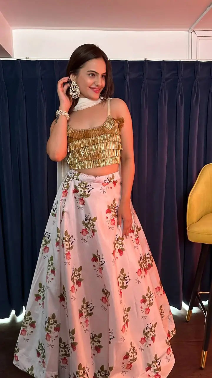 White Tapeta Silk Floral Printed Lehenga Choli | Ready To Wear - qivii