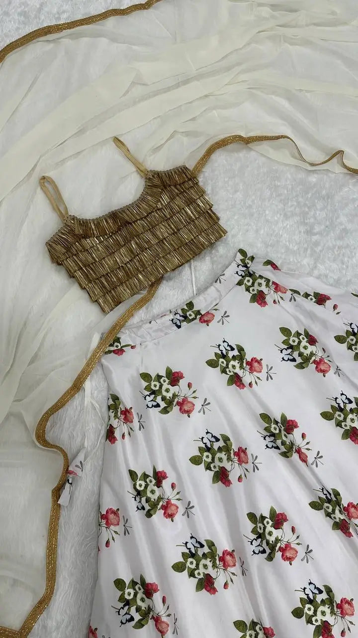 White Tapeta Silk Floral Printed Lehenga Choli | Ready To Wear - qivii