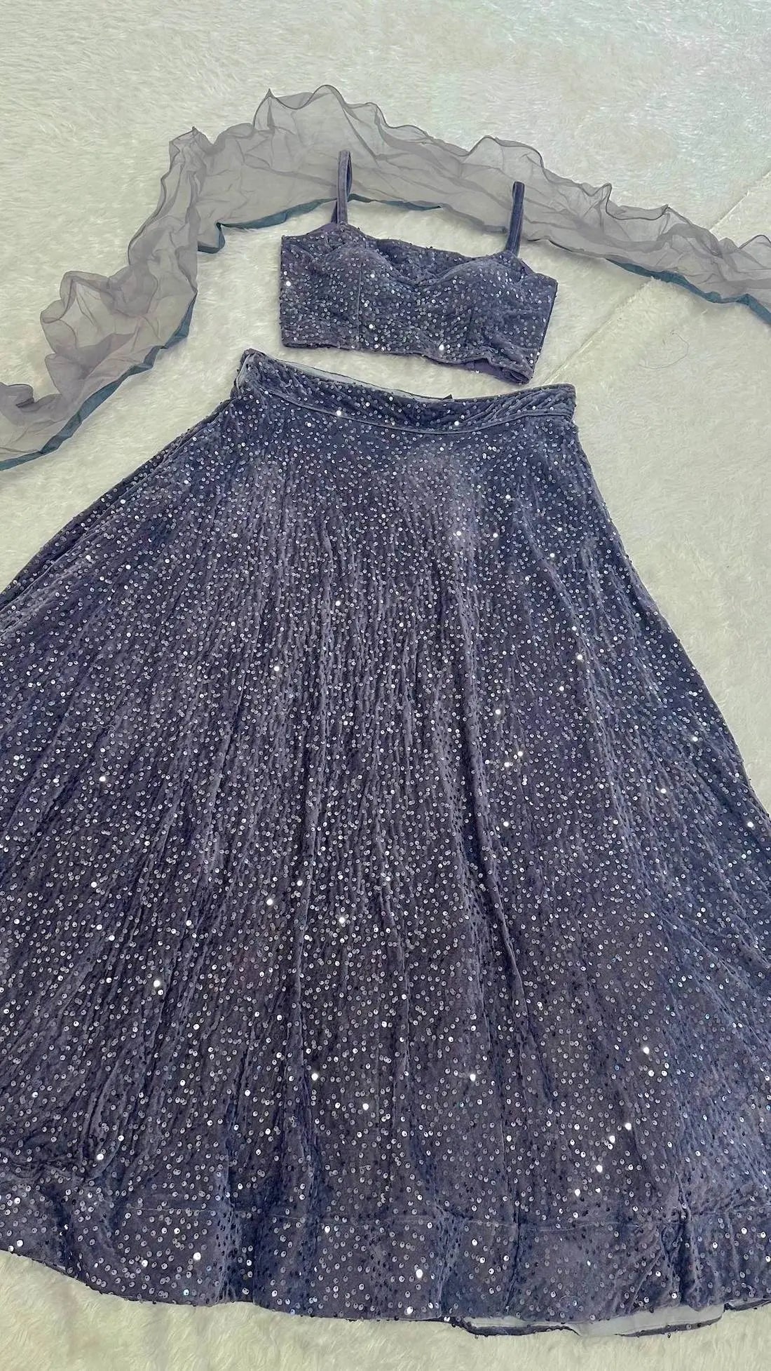 Grey Velvet Sequin Work Lehenga Choli With Ruffle Dupatta - qivii