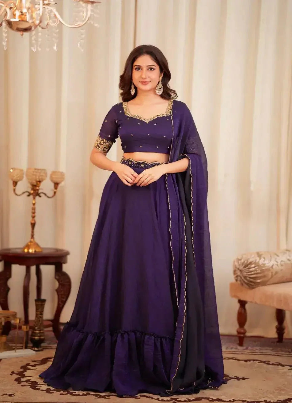 Dark Purple Crush Silk Embroidery Work Lehenga choli - qivii