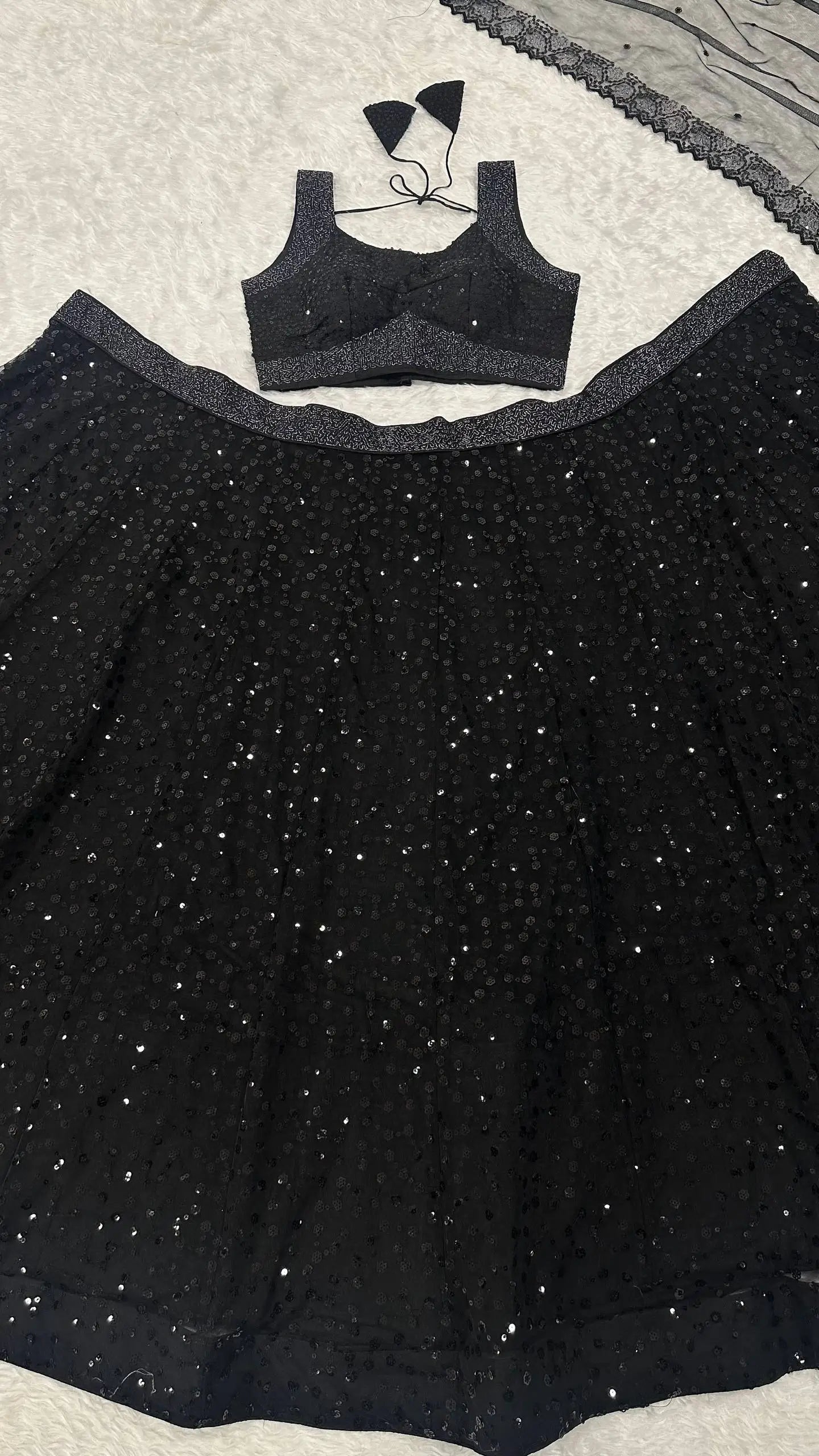 Ebony Black Net Sequins Embroidery Lehenga Choli