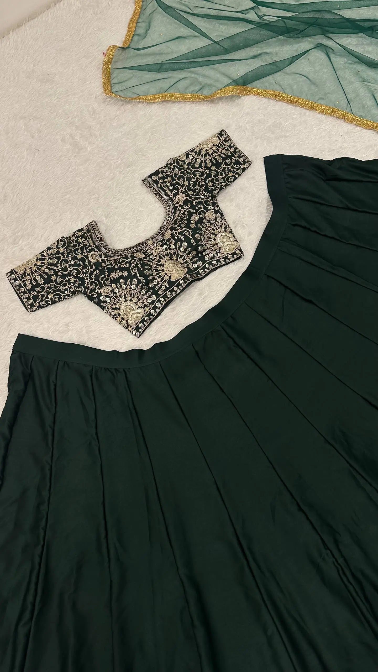 Deep Green Satin Embroidery Lehenga Choli