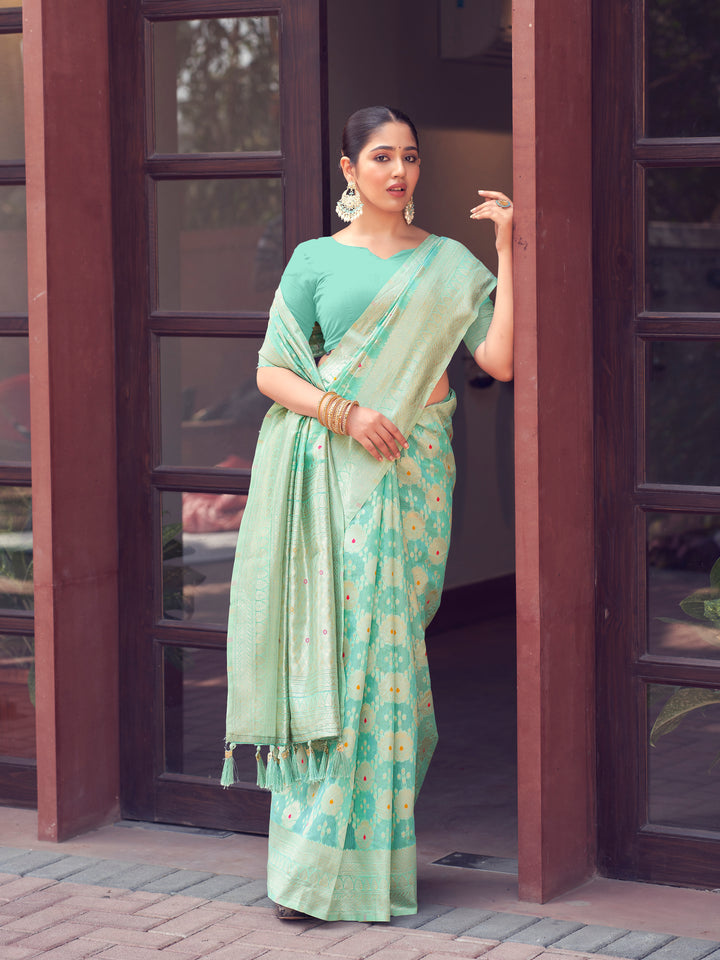 TEAL BLUE COLOR LINEN LUCKNOWI WEAVING SILK SAREE