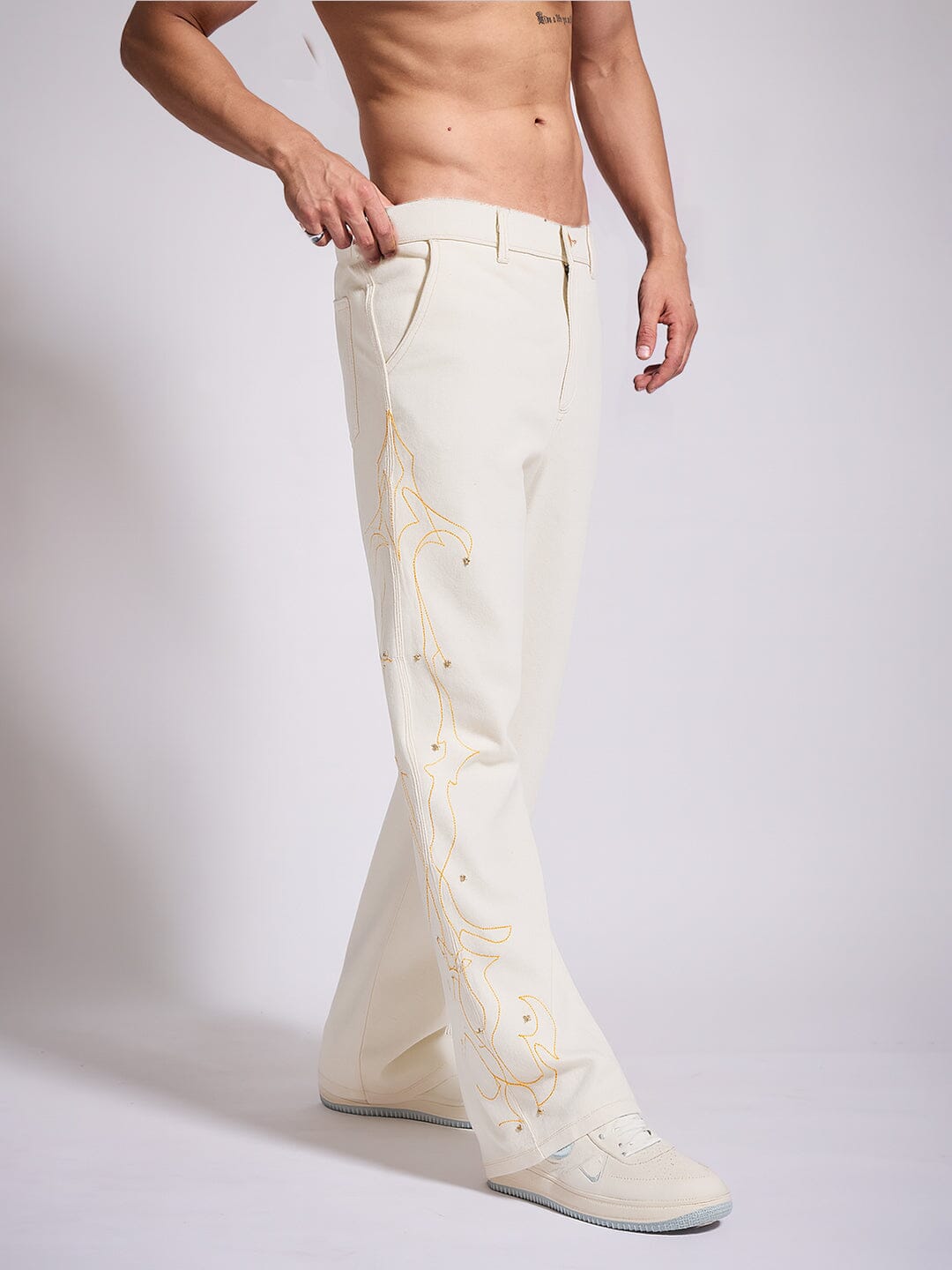 White Mayan Embroidery Riveted Flared Denim