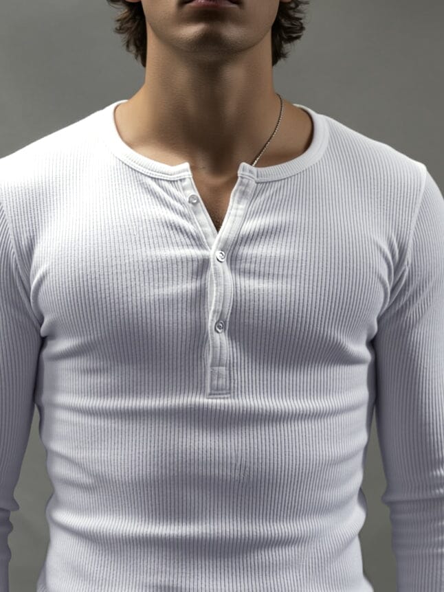 White Ribbed Henley Longsleeves Tshirt