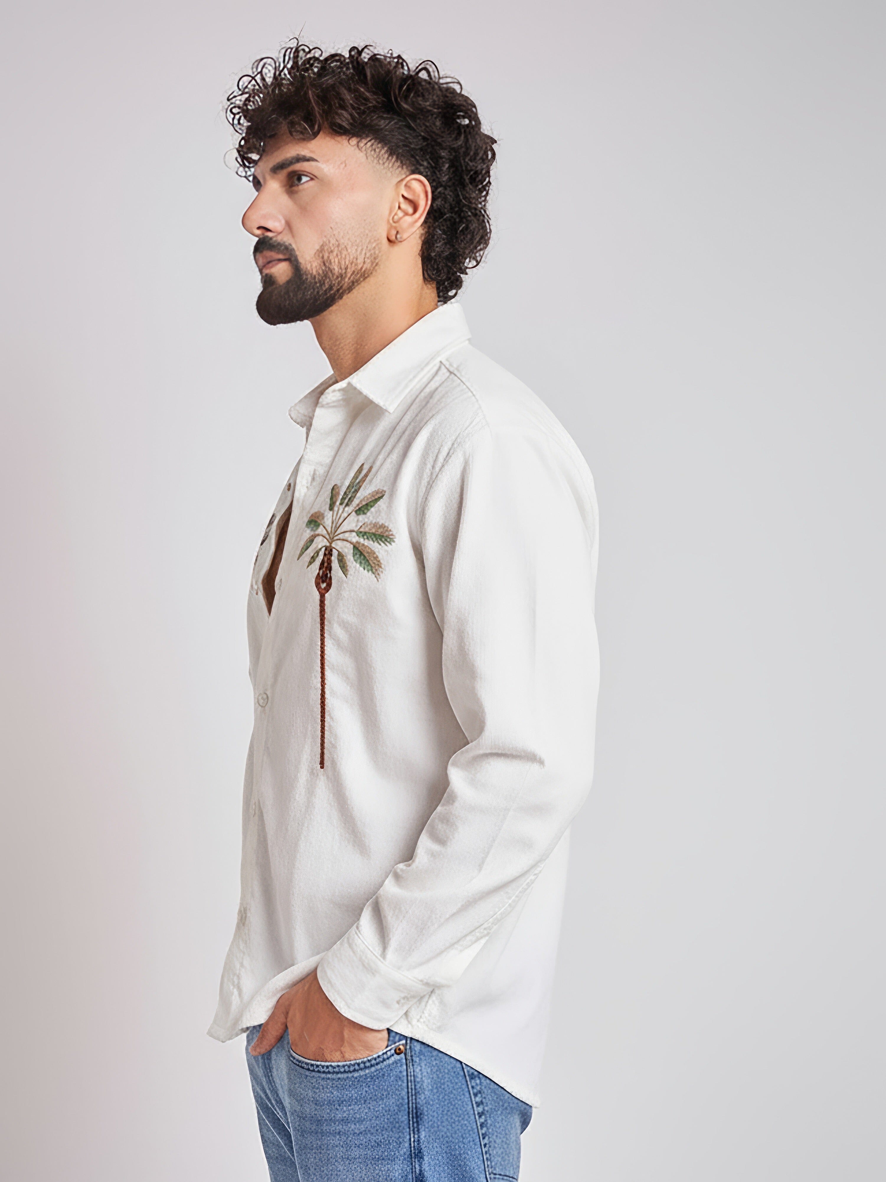 White Palm Embroidery Corduroy Shirt
