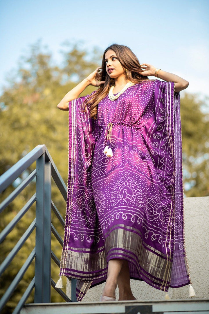 Purple Pure Gaji Silk Digital Print with Gotta Patti Lace Border also comes with tassels Kaftan Dress