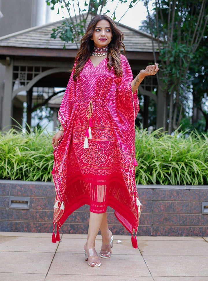 Pink Pure Gaji Silk Digital Print with Gotta Patti Lace Border also comes with tassels Kaftan Dress