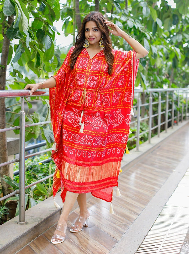 Red Pure Gaji Silk Digital Print with Gotta Patti Lace Border also comes with tassels Kaftan Dress