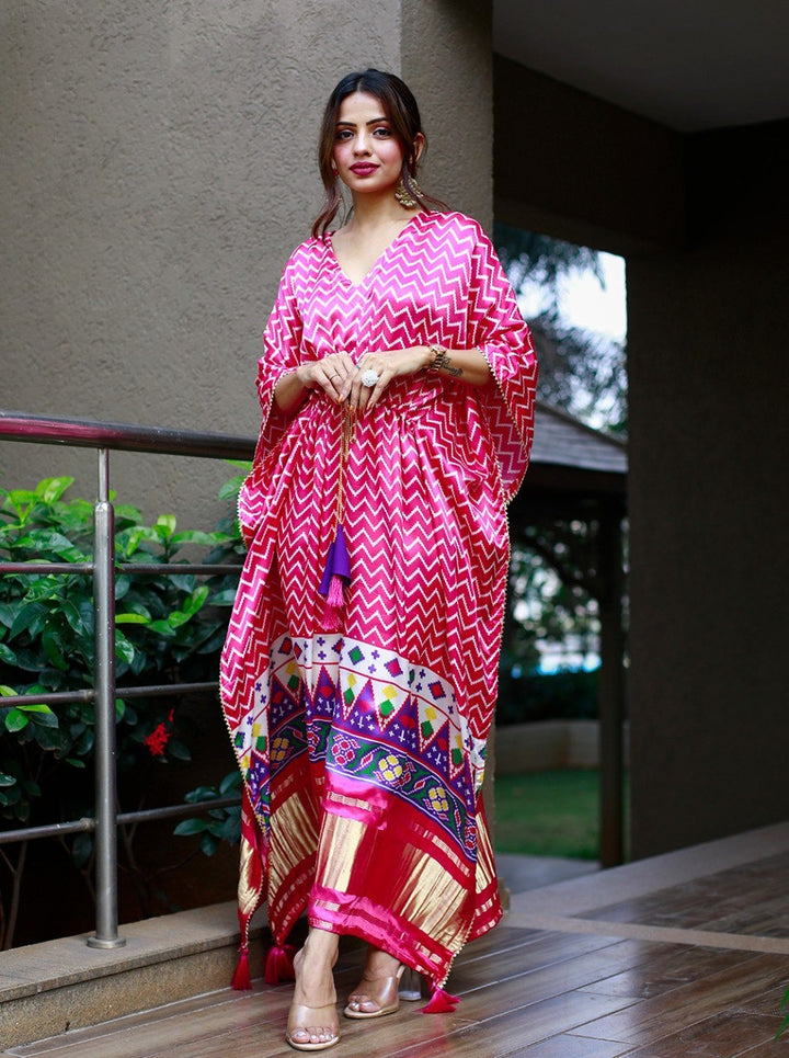 Light Pink Pure Gaji Silk Digital Print with Gotta Patti Lace Border also comes with tassels Kaftan Dress