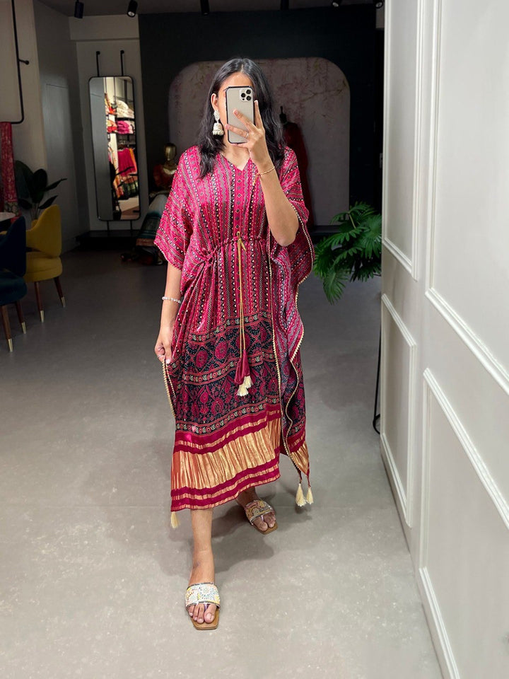 Wine Pure Gaji Silk Digital Print with Gotta Patti Lace Border also comes with tassels Kaftan Dress