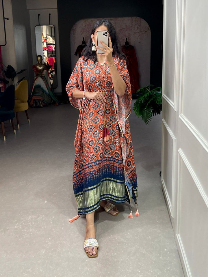 Orange Pure Gaji Silk Digital Print Kaftan Dress with Gotta Patti Lace Border and Tassels