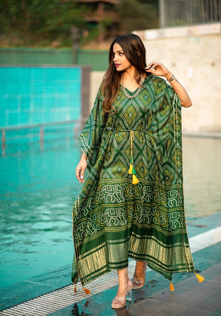 Green Pure Gaji Silk Digital Print with Gotta Patti Lace Border also comes with tassels Kaftan Dress