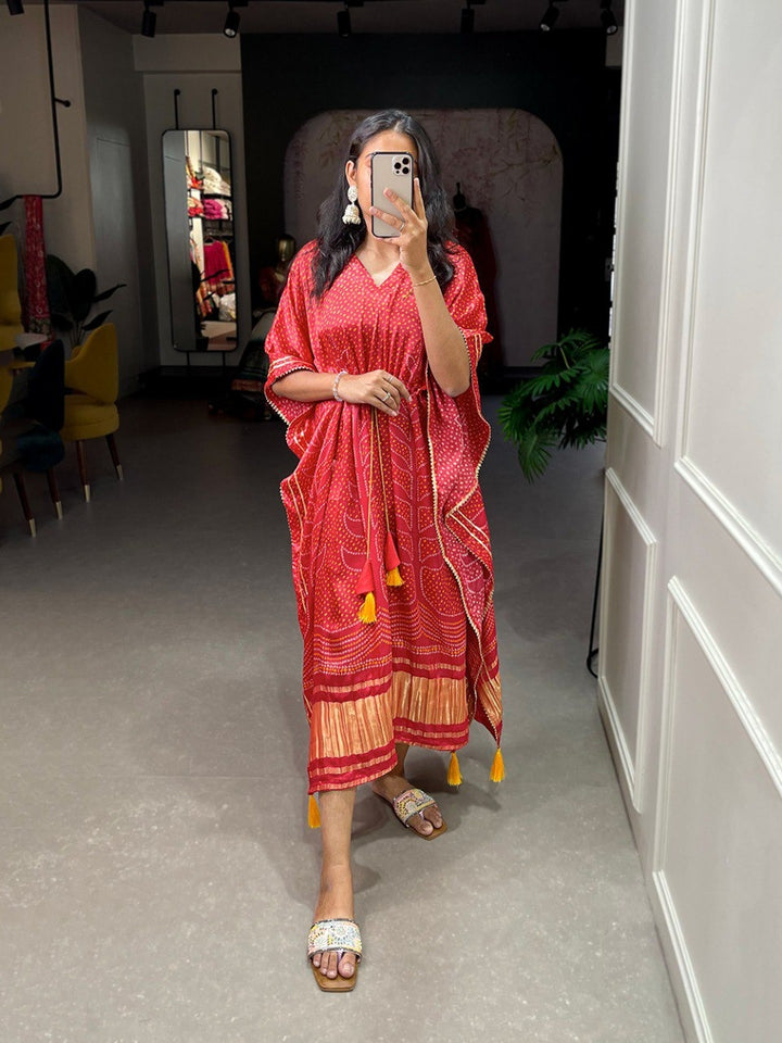 Red Pure Gaji Silk Digital Print with Gotta Patti Lace Border also comes with tassels Kaftan Dress