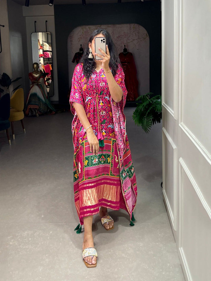 Pink Pure Gaji Silk Digital Print with Gotta Patti Lace Border also comes with tassels Kaftan Dress