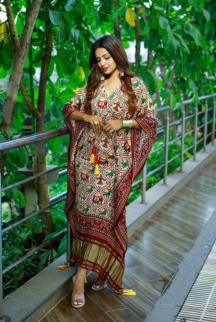 Brown Pure Gaji Silk Digital Print with Gotta Patti Lace Border also comes with tassels Kaftan Dress