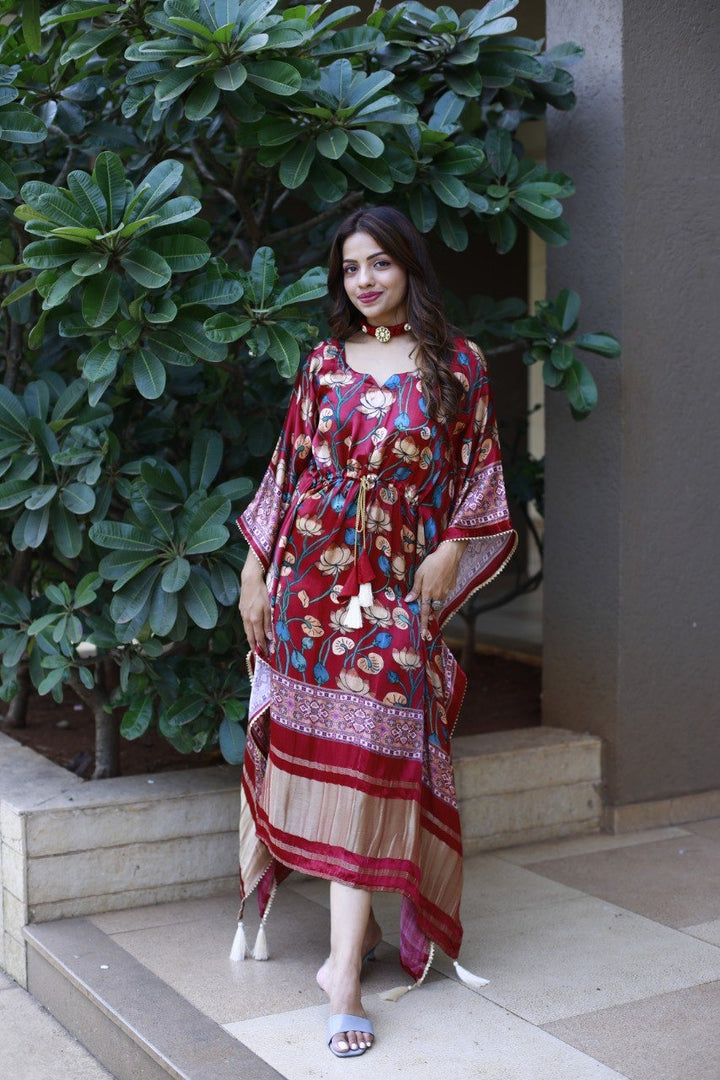 Maroon Pure Gaji Silk Digital Print with Gotta Patti Lace Border also comes with tassels Kaftan Dress