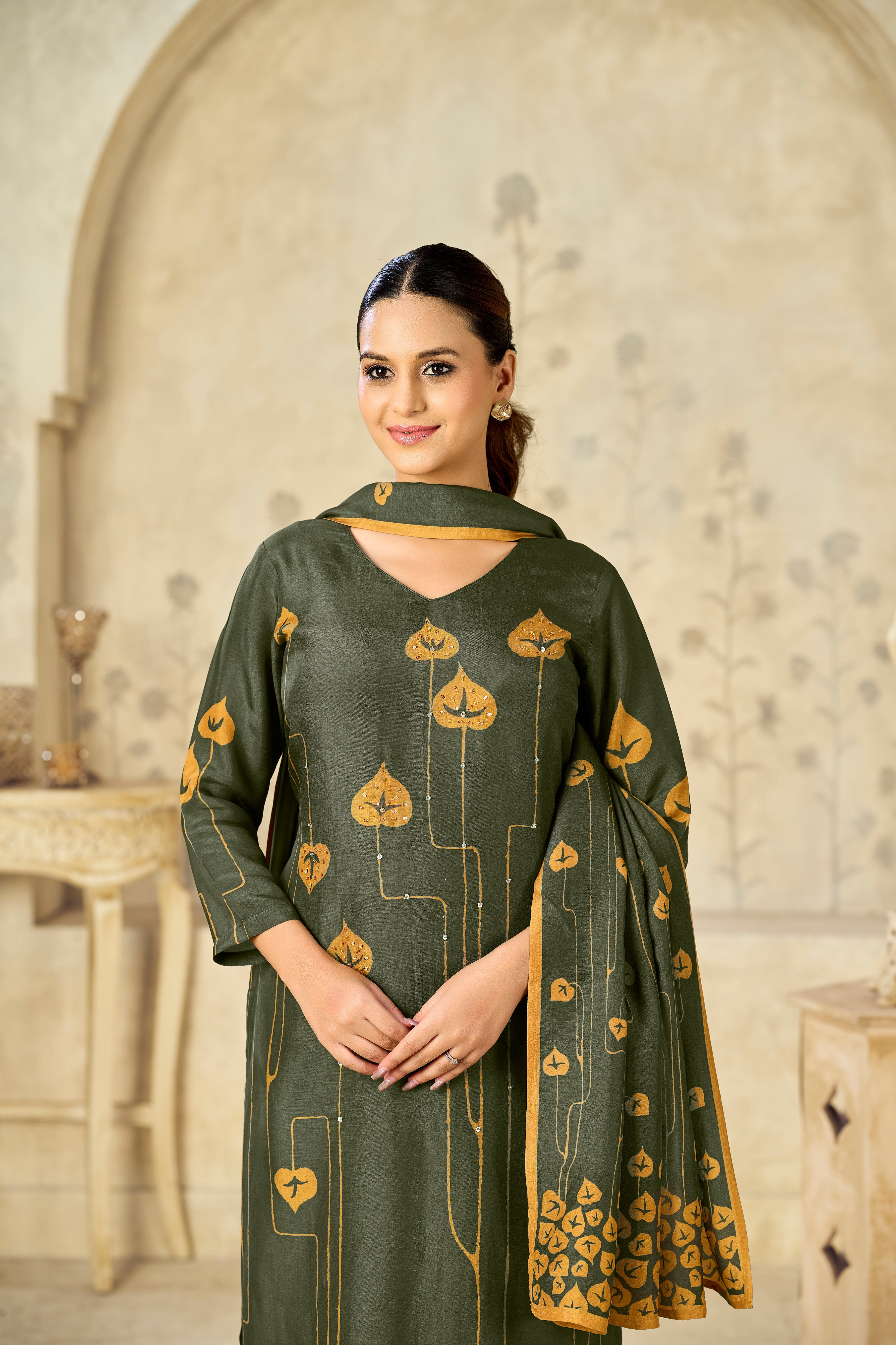 Olive Printed With Handwork Straight Kurta With Dyed Trousers And Flower Printed Dupatta